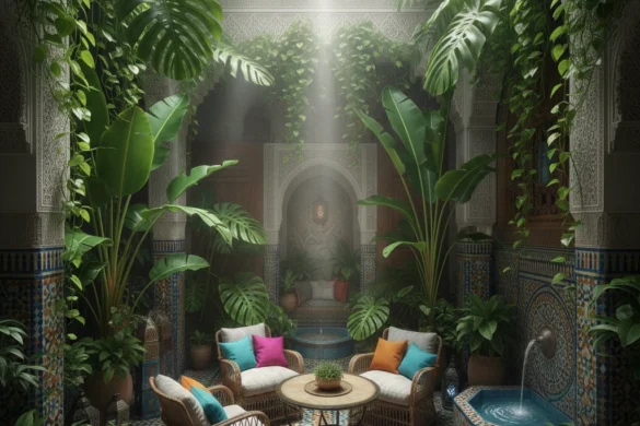 تصميم حديقة منزلية داخلية استوائية ومنور (ضواية) في منزل مغربي