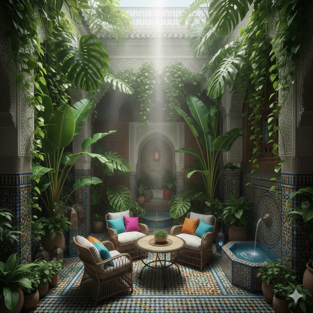 تصميم حديقة منزلية داخلية استوائية ومنور (ضواية) في منزل مغربي
