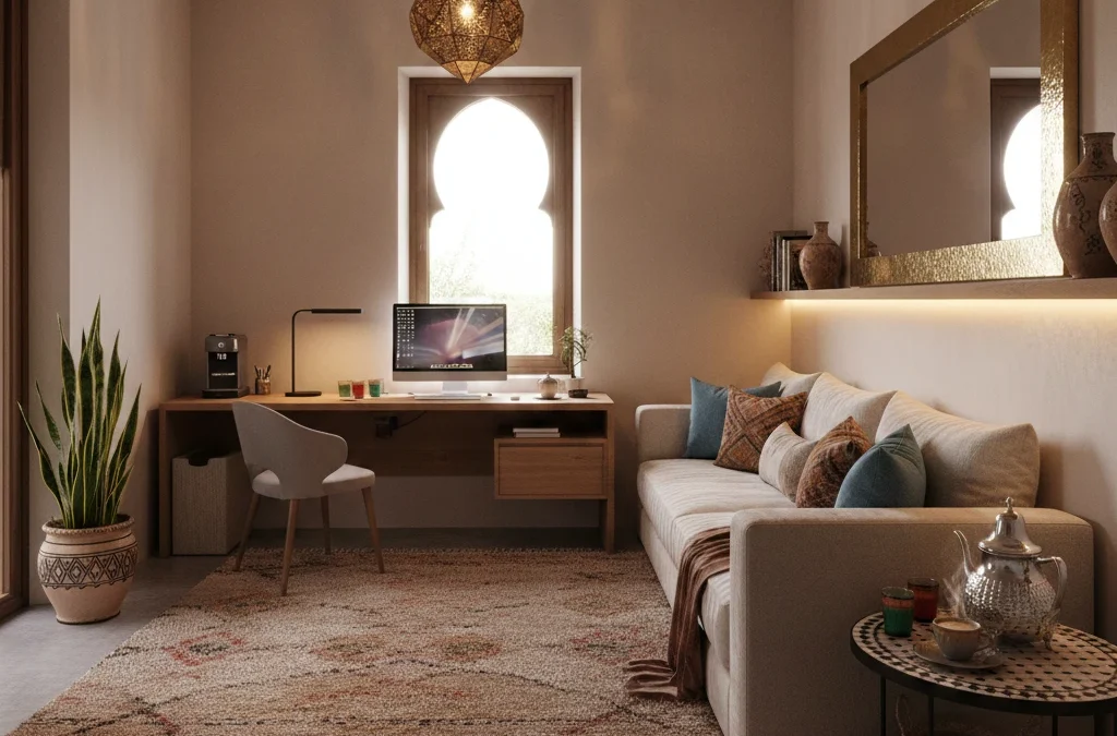 ركن عمل ومكتب منزلي داخل صالون مغربي بلمسة عصرية