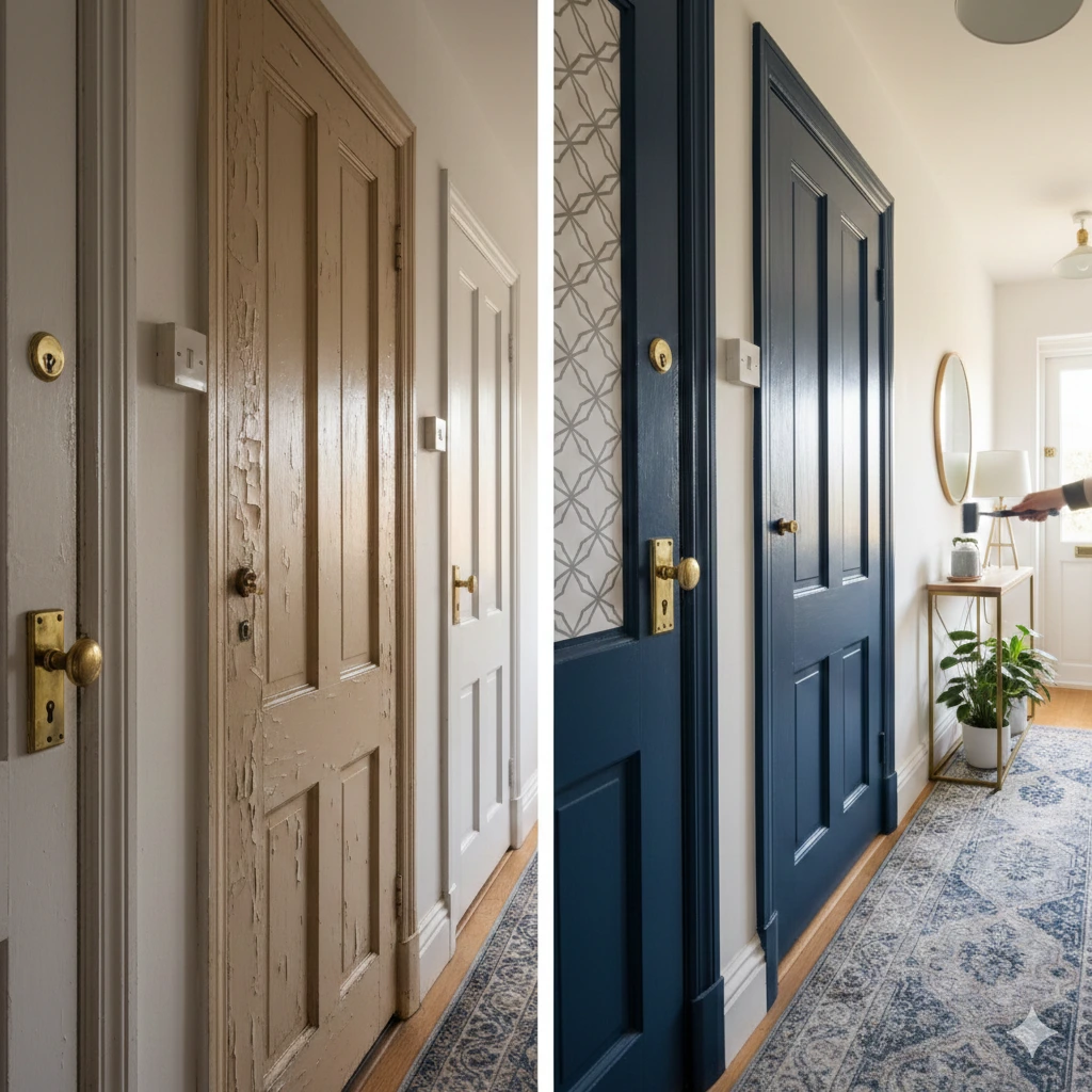 تجديد الأبواب الخشبية القديمة باستخدام الصباغة وورق الحائط.