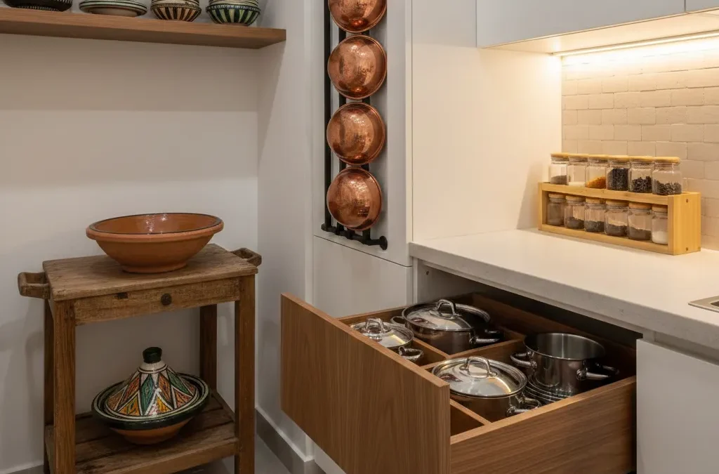 حلول تخزين ذكية وأفكار لاستغلال المساحات الضيقة في المطابخ المغربية الصغيرة.