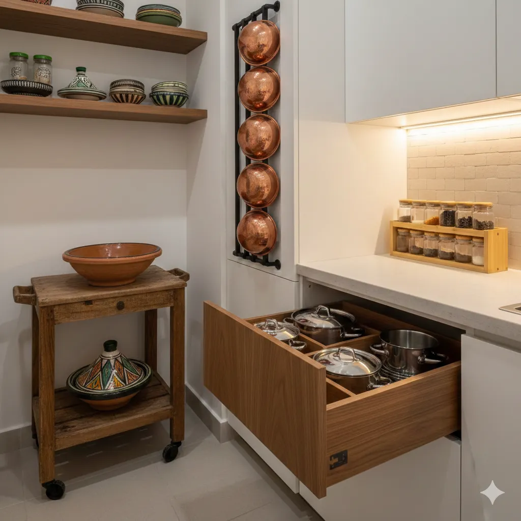 حلول تخزين ذكية وأفكار لاستغلال المساحات الضيقة في المطابخ المغربية الصغيرة.