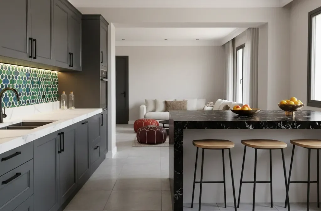 تنسيق ألوان دواليب المطبخ مع الرخام والزليج المغربي لإطلالة عصرية وفخمة.